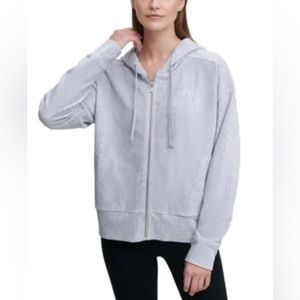 DKNY Sport Sweater Logo Zip Hoodie Women’s Velvet Gray Pearl S NEW NWT
